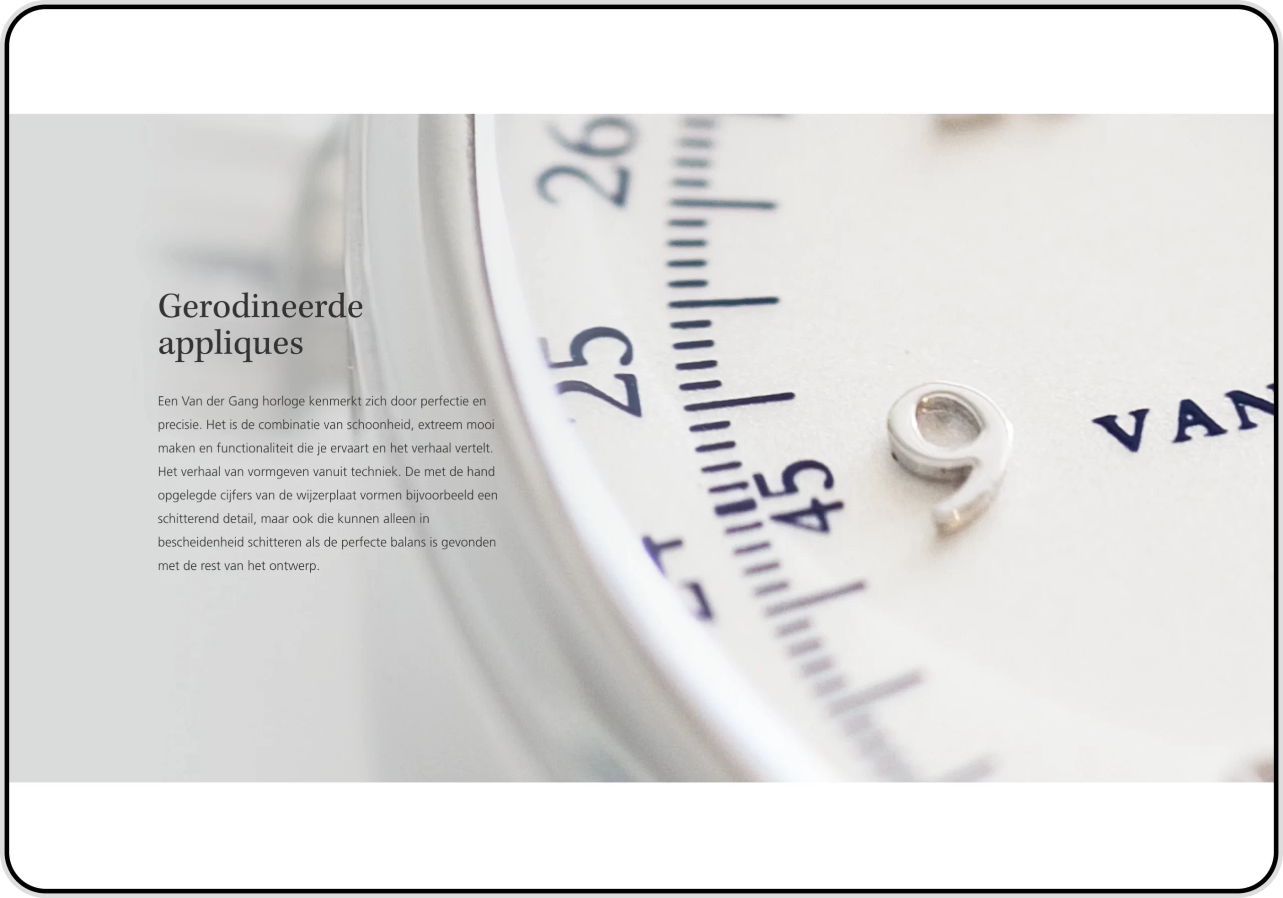 Screenshot of a webpage on the Van der Gang Watches website