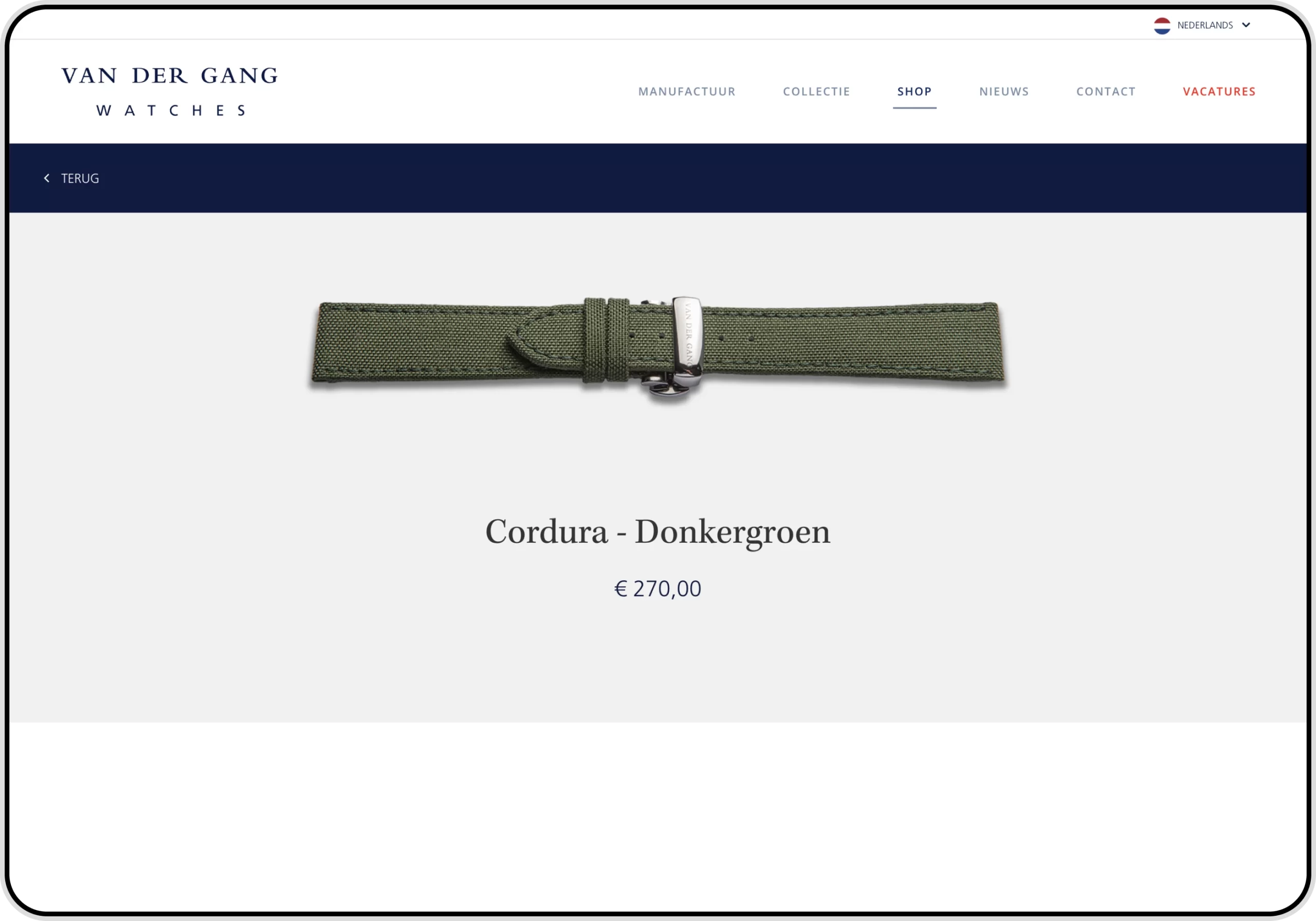 Screenshot of a webpage on the Van der Gang Watches website