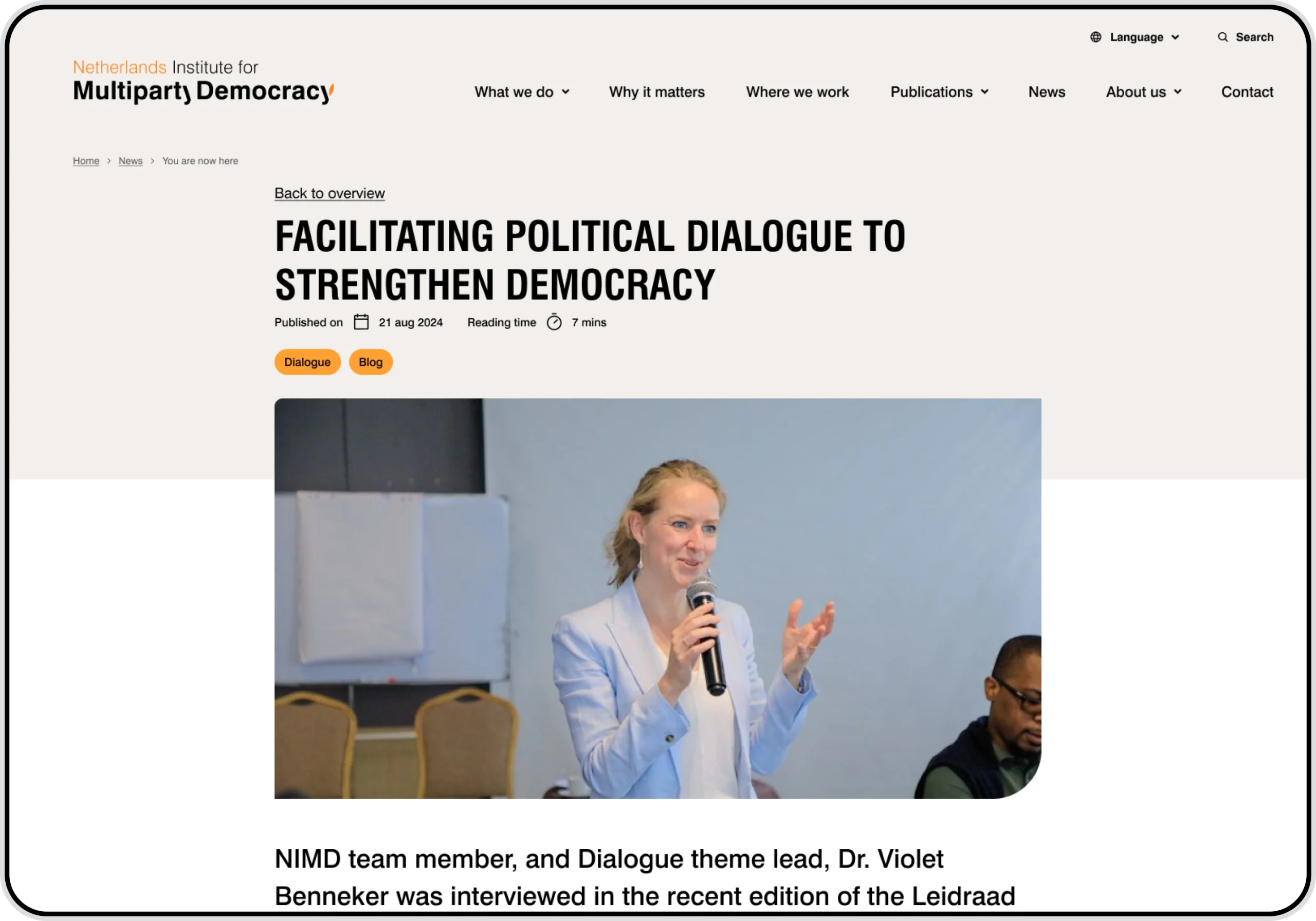 Screenshot of a webpage on the NIMD website