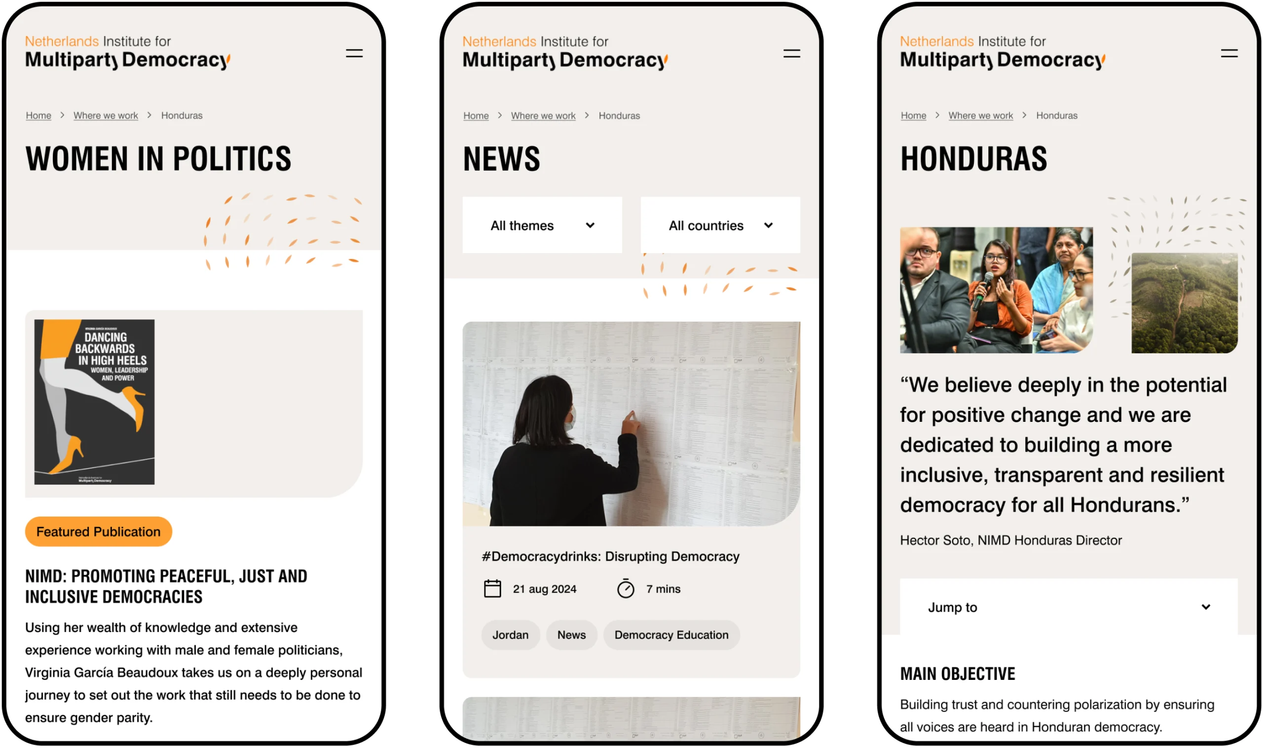 Three screenshots of a mobile webpage on the NIMD website