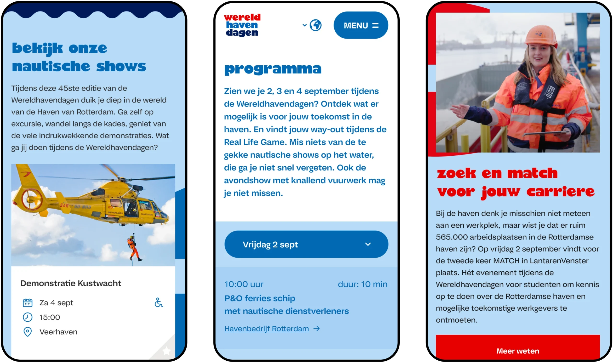 Three screenshots of a webpage on the Rotterdam World Port Days mobile website