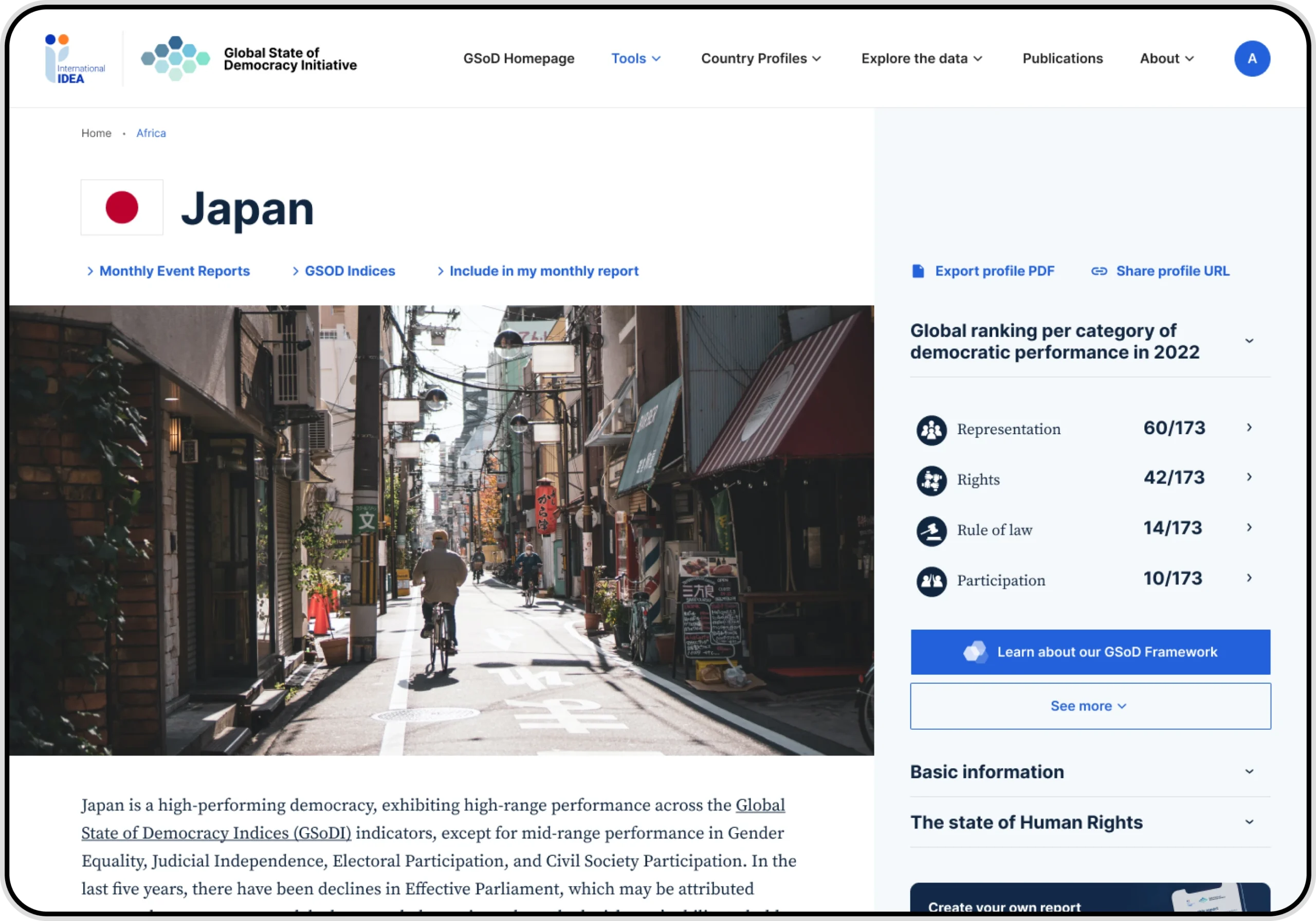 A screenshot of the Global State of Democracy webpage