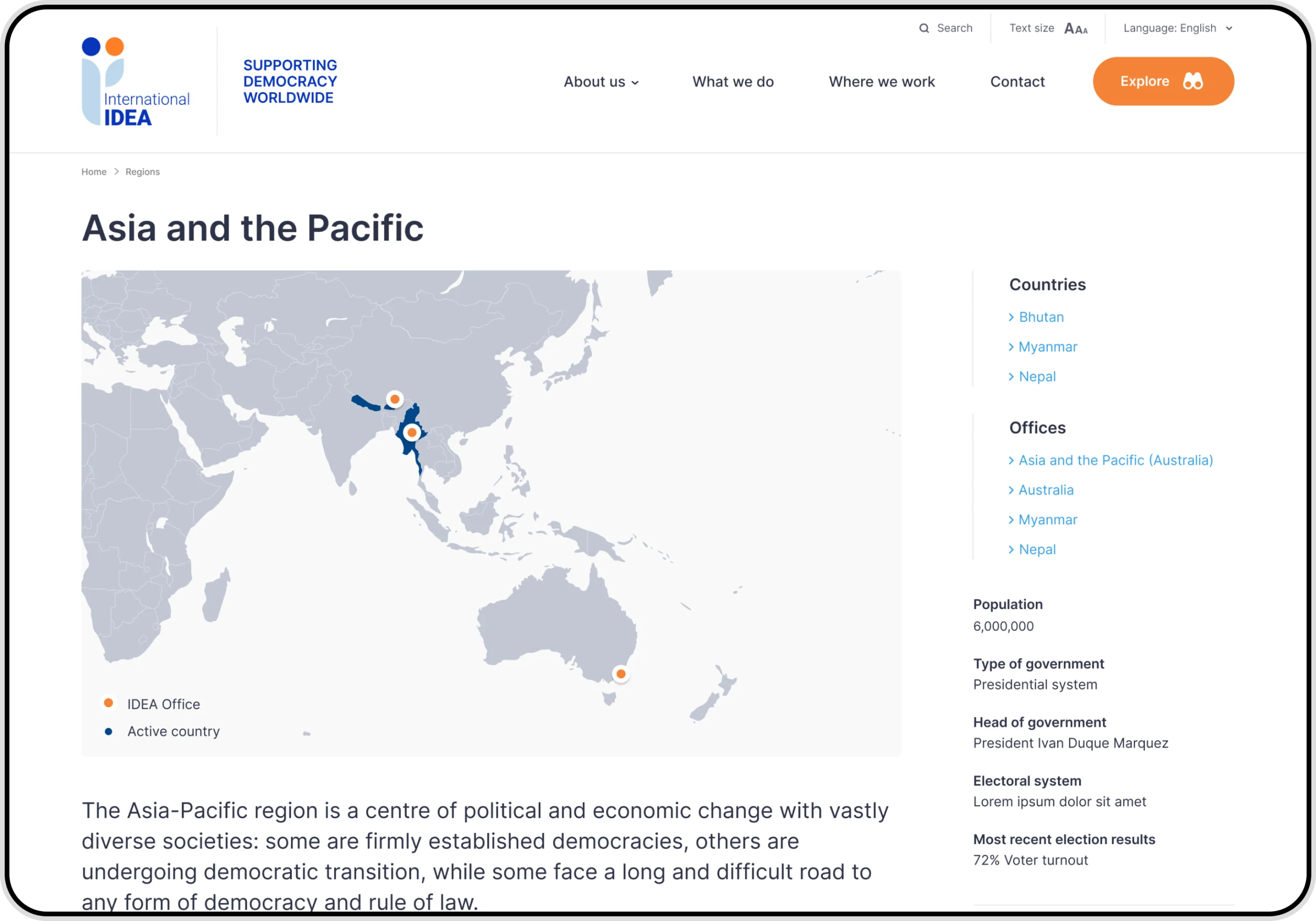 A map with offices, active projects, activities and/or reach webpage screenshot