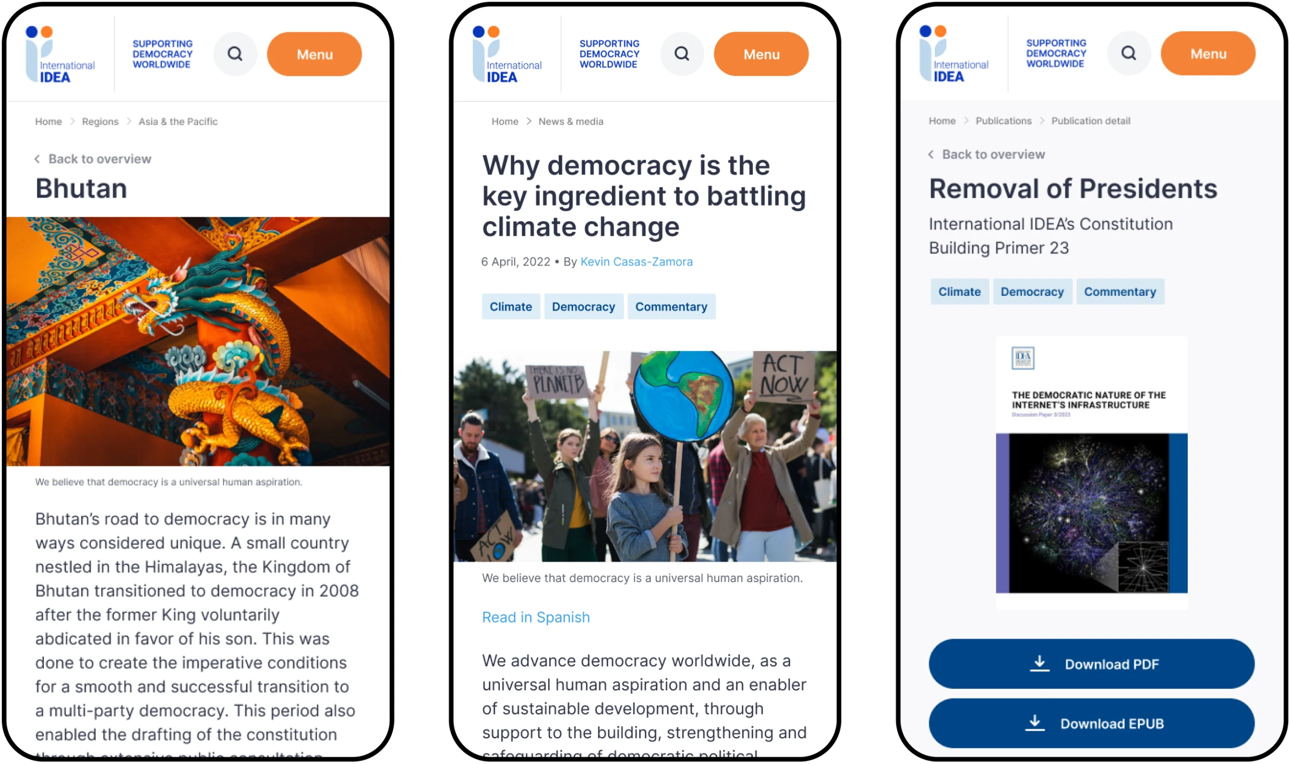 Three IDEA International webpages screenshots shown on a mobile format.
