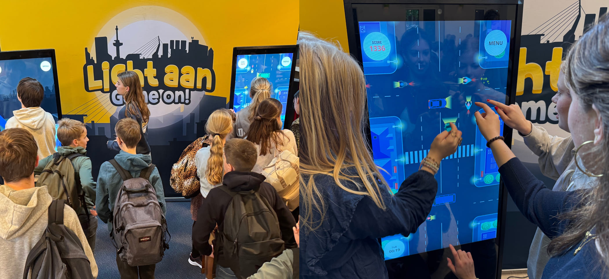 Two in person pictures of the schoolchildren playing the campaigns game