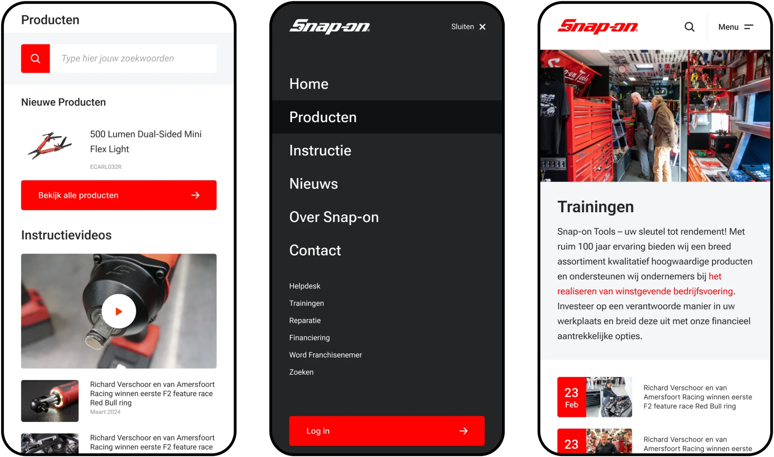 Three screenshot of a webpage on the Snap-On mobile website