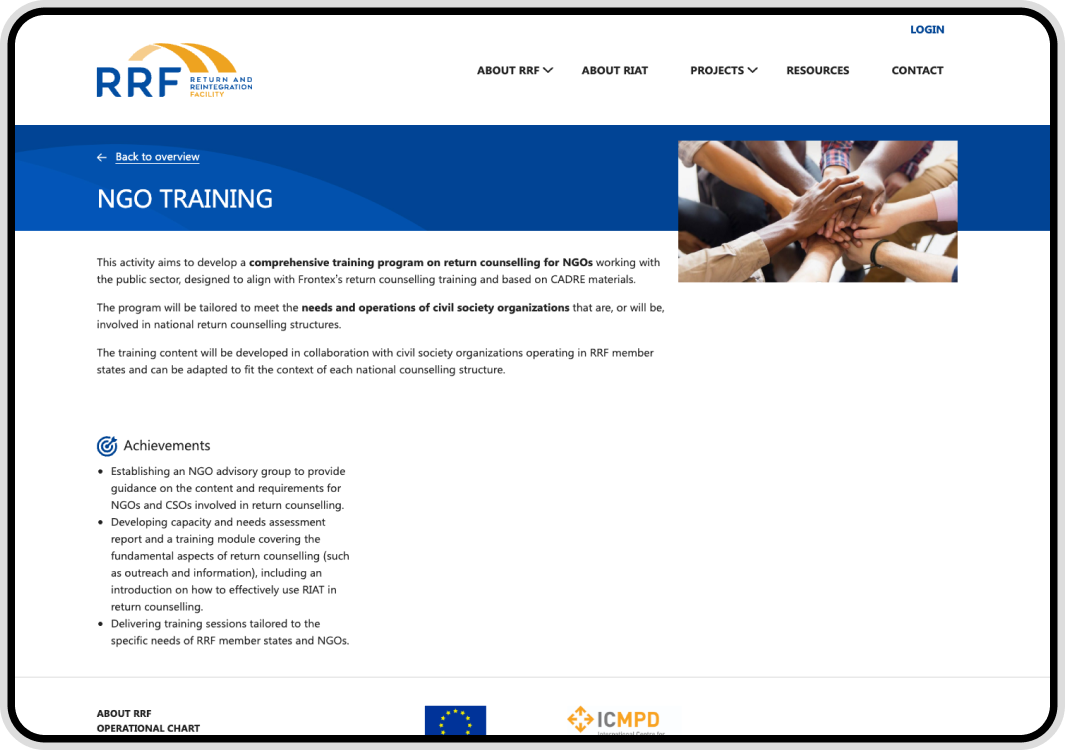 Screenshot of a webpage on the Return and Reintegration Facility website