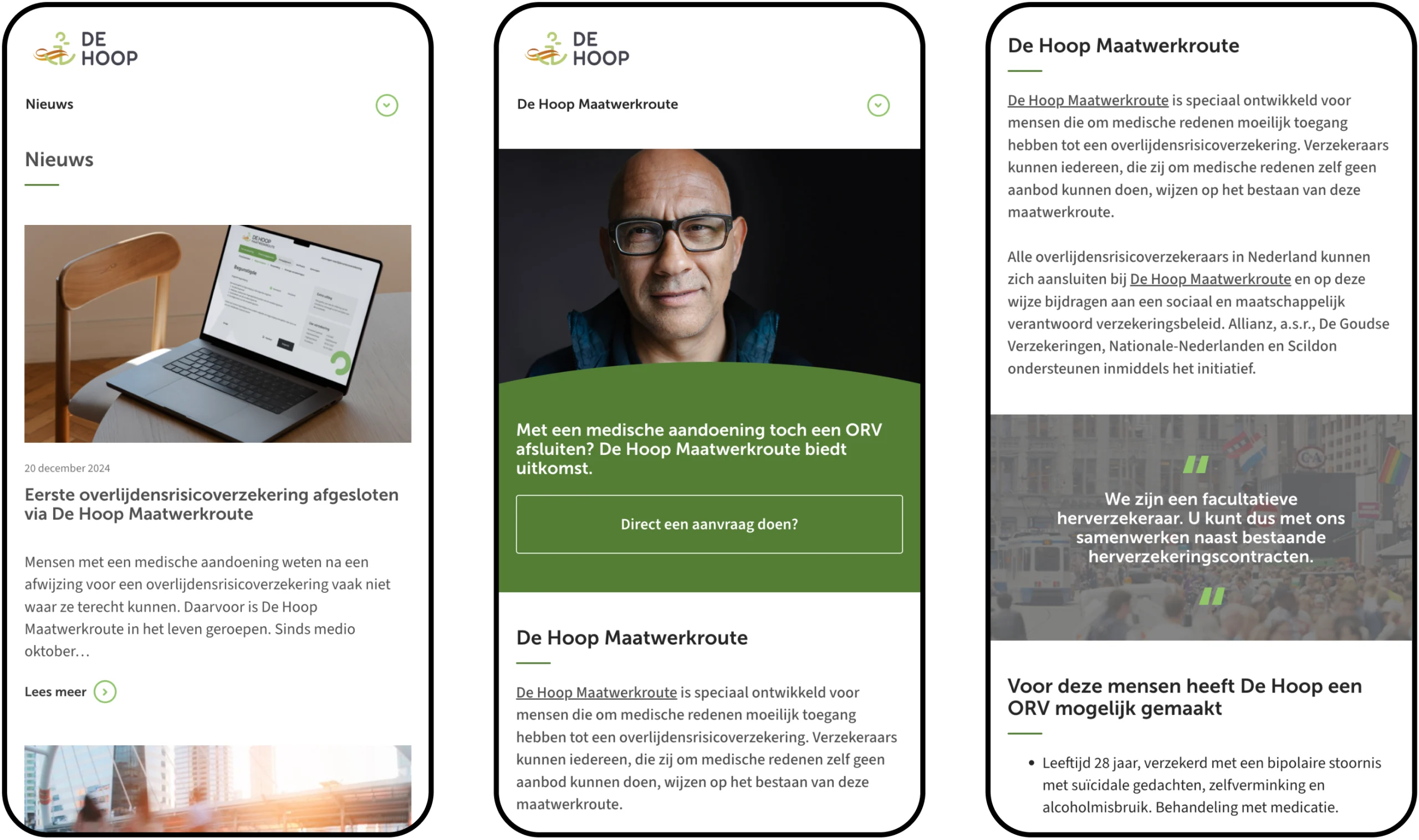 Three screenshots of a webpage on the De Hoop mobile website