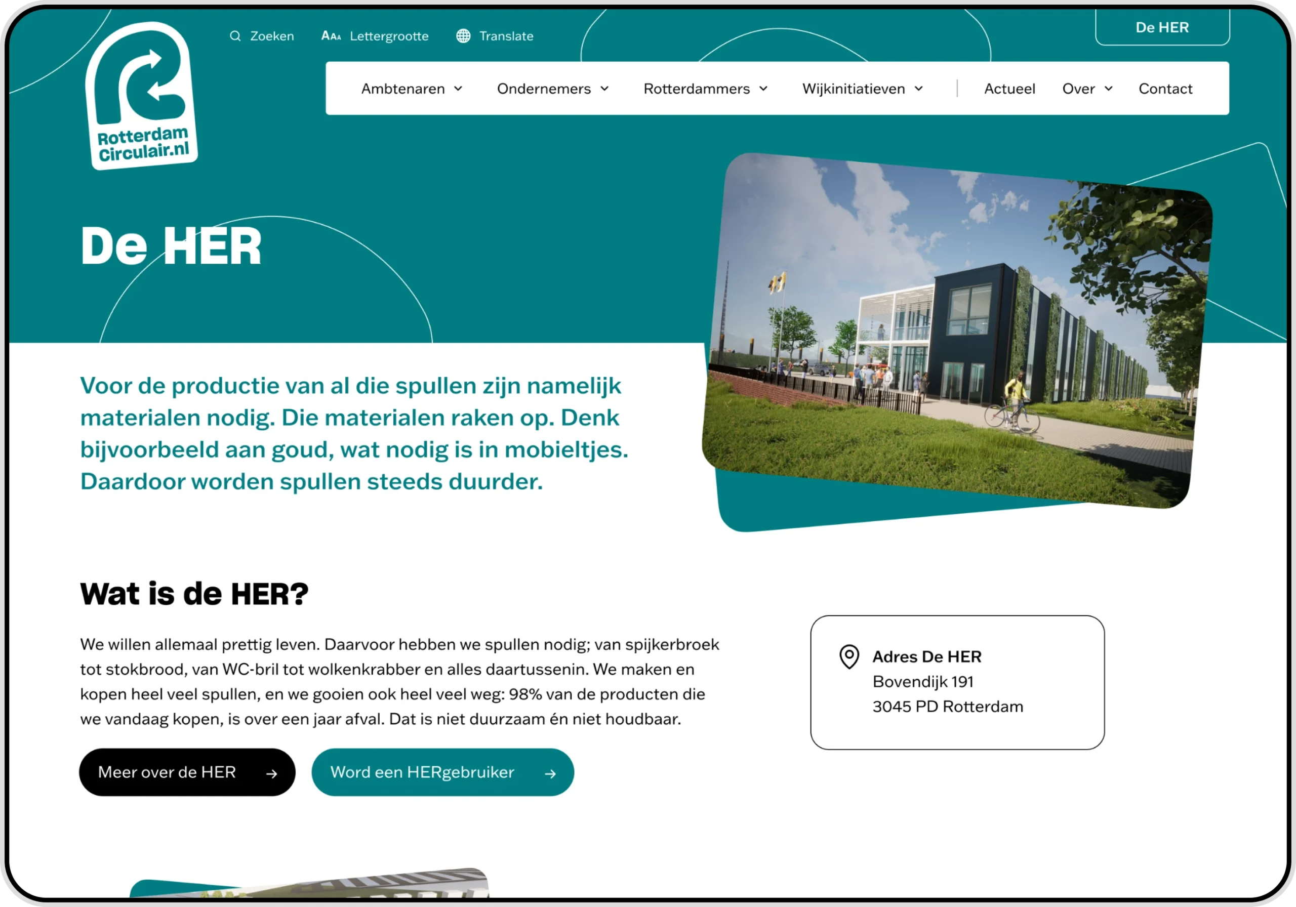 Screenshot of a webpage on the Rotterdam Circulair website