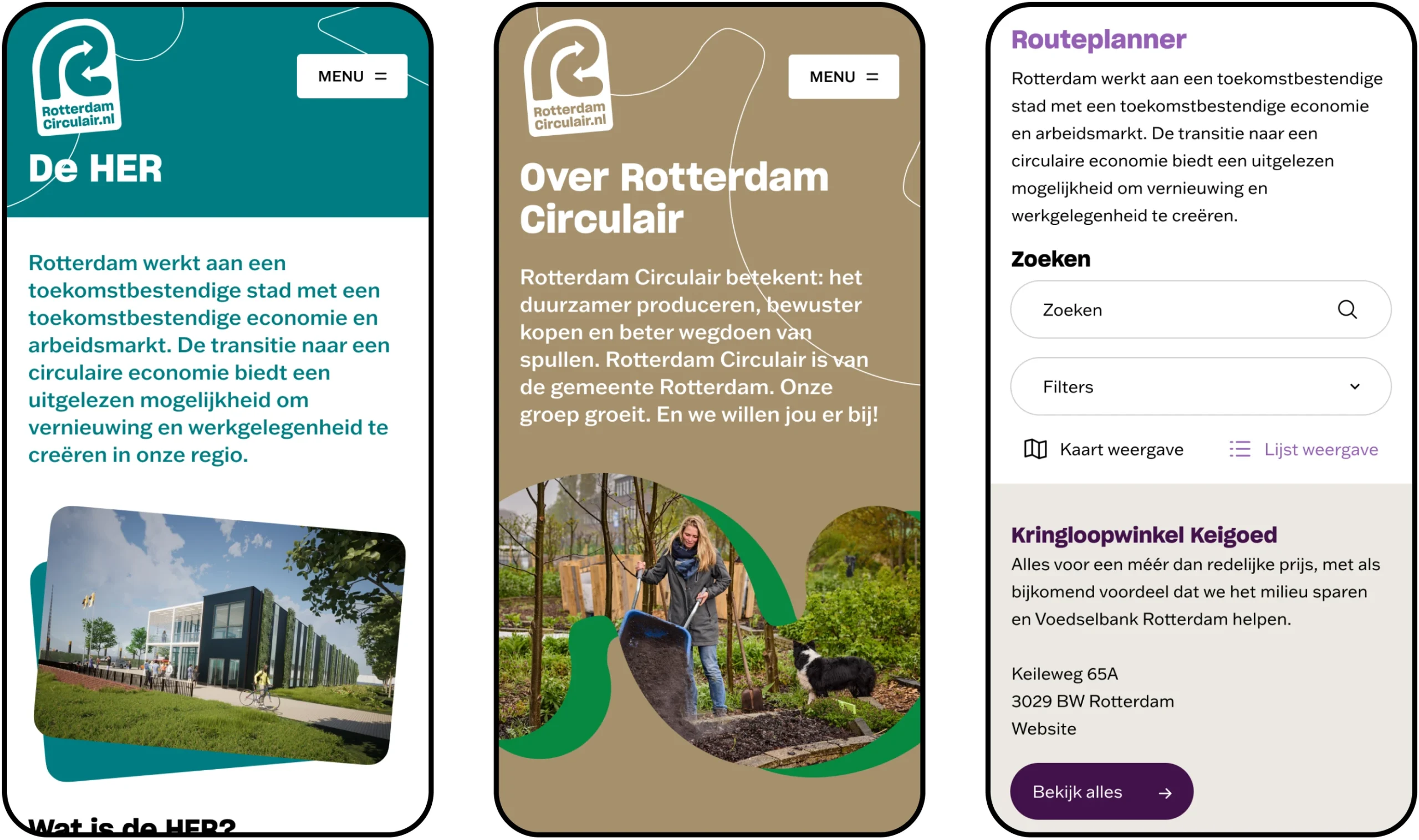 Three screenshots of the Rotterdam Circulair mobile website interface