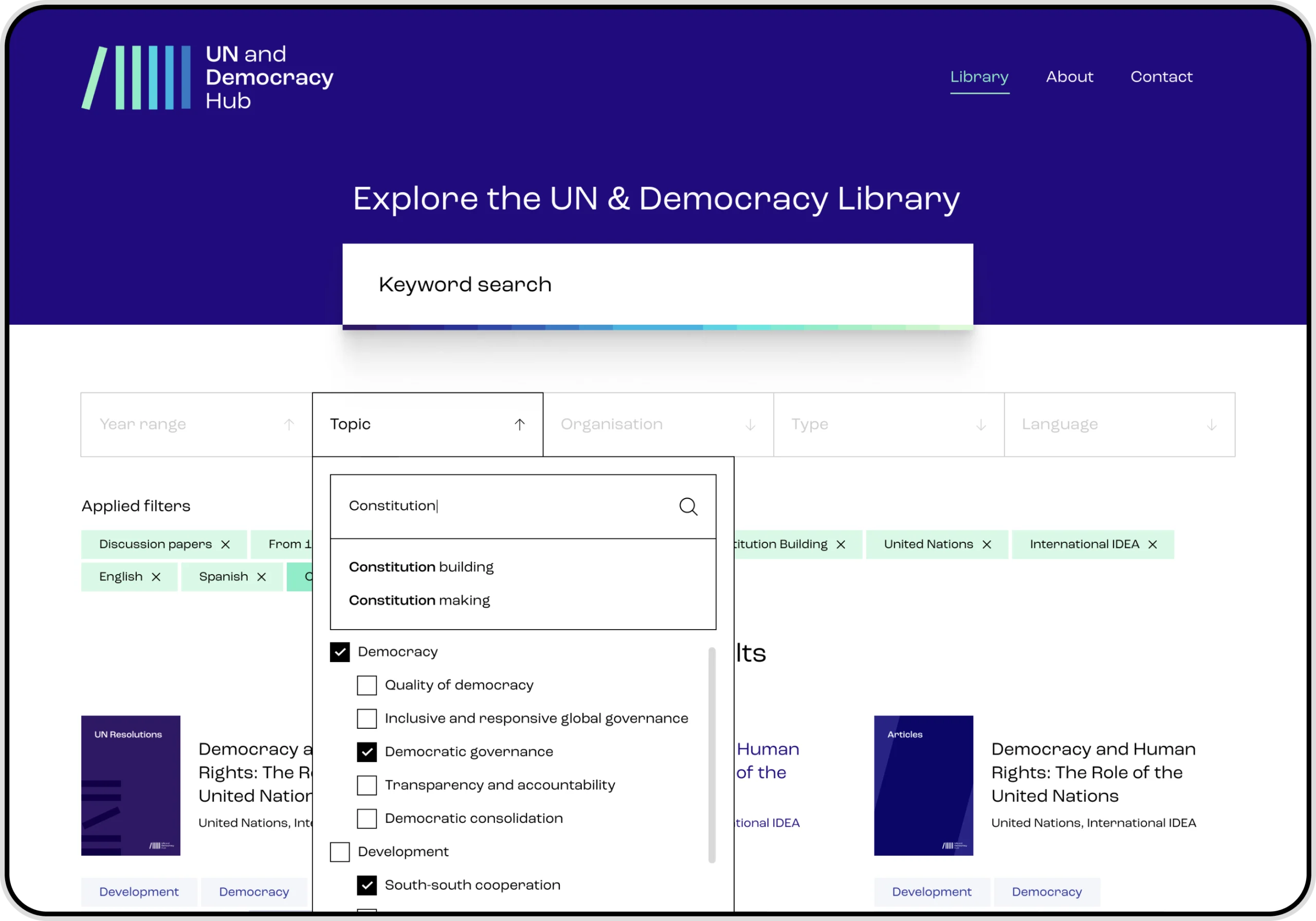 A screenshot of the UN & Democracy Hub desktop landing page