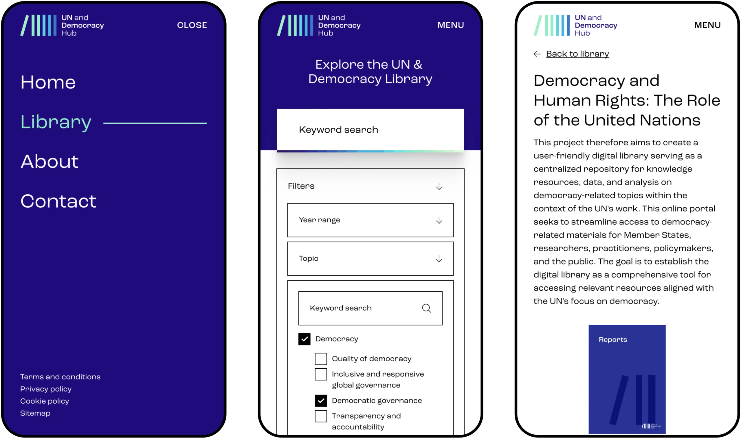 Three screenshots of the UN & Democracy Hub mobile interface
